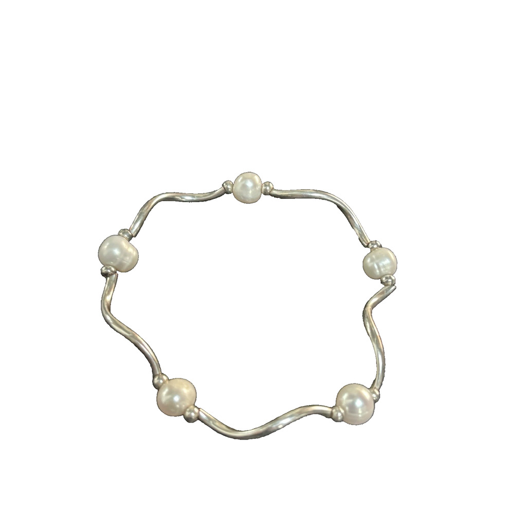 Vintage Sterling Bar & Cultured Pearl Stretch Bracelet Silver Twist Bar & Pearls